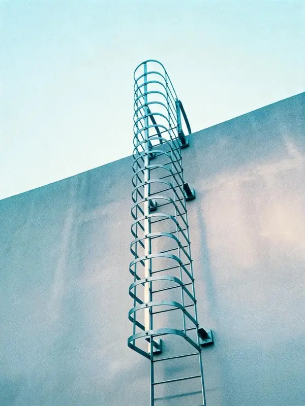Detalle de escalera de gato con jaula de protección